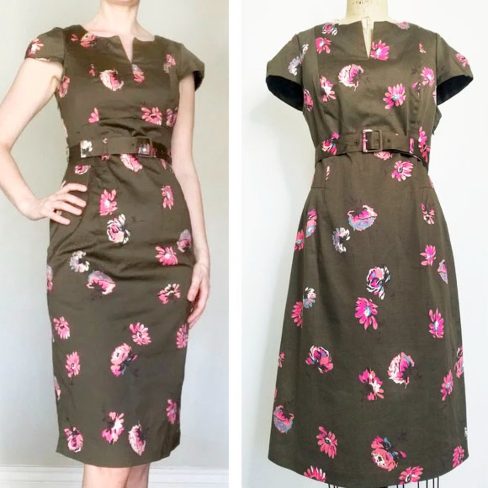BODEN Womens Olive Green Pink Floral Pencil Dress Midi Belted Cap Sleeve 14R